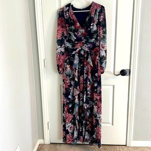 XSCAPE EVENINGS Long Floral Chiffon Long Sleeve Dress, Size 14